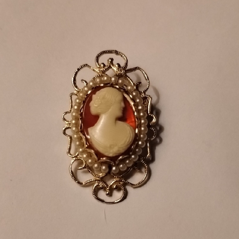 Orange and Cream Cameo Pendant Brooch